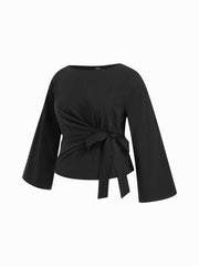 Boat Neck Stripe Knotted Bell Sleeve Blouse Curve & Plus