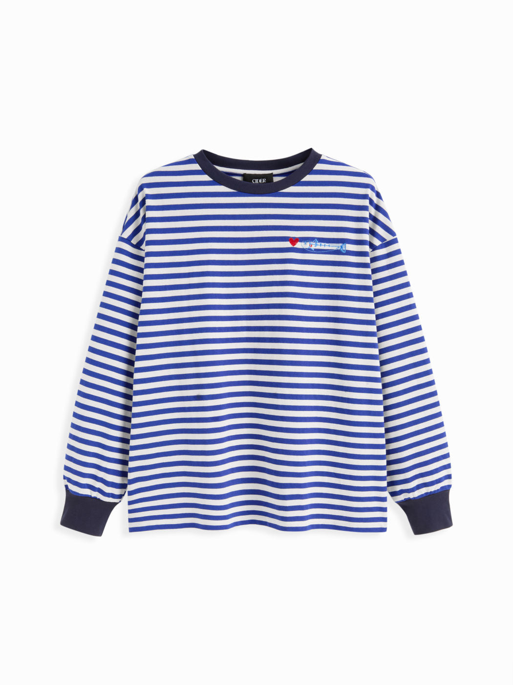 100% Cotton Striped Fish Embroidery Contrasting Binding Tee Curve & Plus