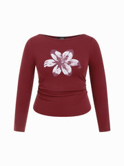 Cotton-Blend Boat Neck Floral Graphic Ruched Tee Curve & Plus