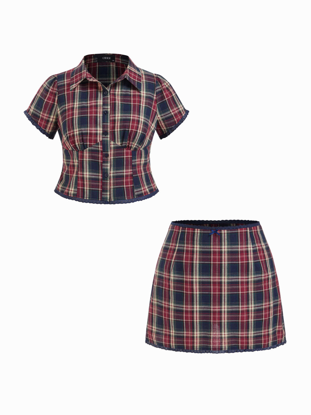 Cotton Plaid Blouse & Lace Trim Bowknot Mini Skirt Set Curve & Plus