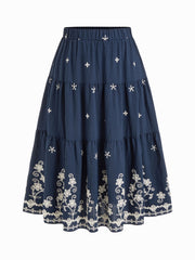 Mid Rise Floral Embroidery Tiered Maxi Skirt Curve & Plus