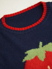 Knit Strawberry Pattern Contrasting Binding Round Neckline Long Sleeve Oversized Top Curve & Plus