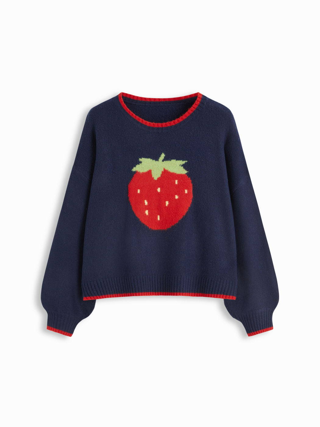 Knit Strawberry Pattern Contrasting Binding Round Neckline Long Sleeve Oversized Top Curve & Plus