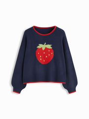 Knit Strawberry Pattern Contrasting Binding Round Neckline Long Sleeve Oversized Top Curve & Plus