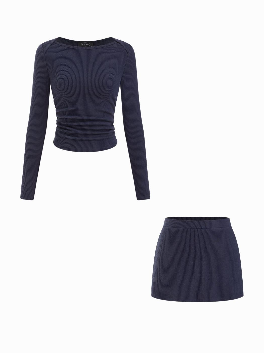 Brushed Fabric Boat Neck Ruched Top & Mid Rise Mini Skirt Set
