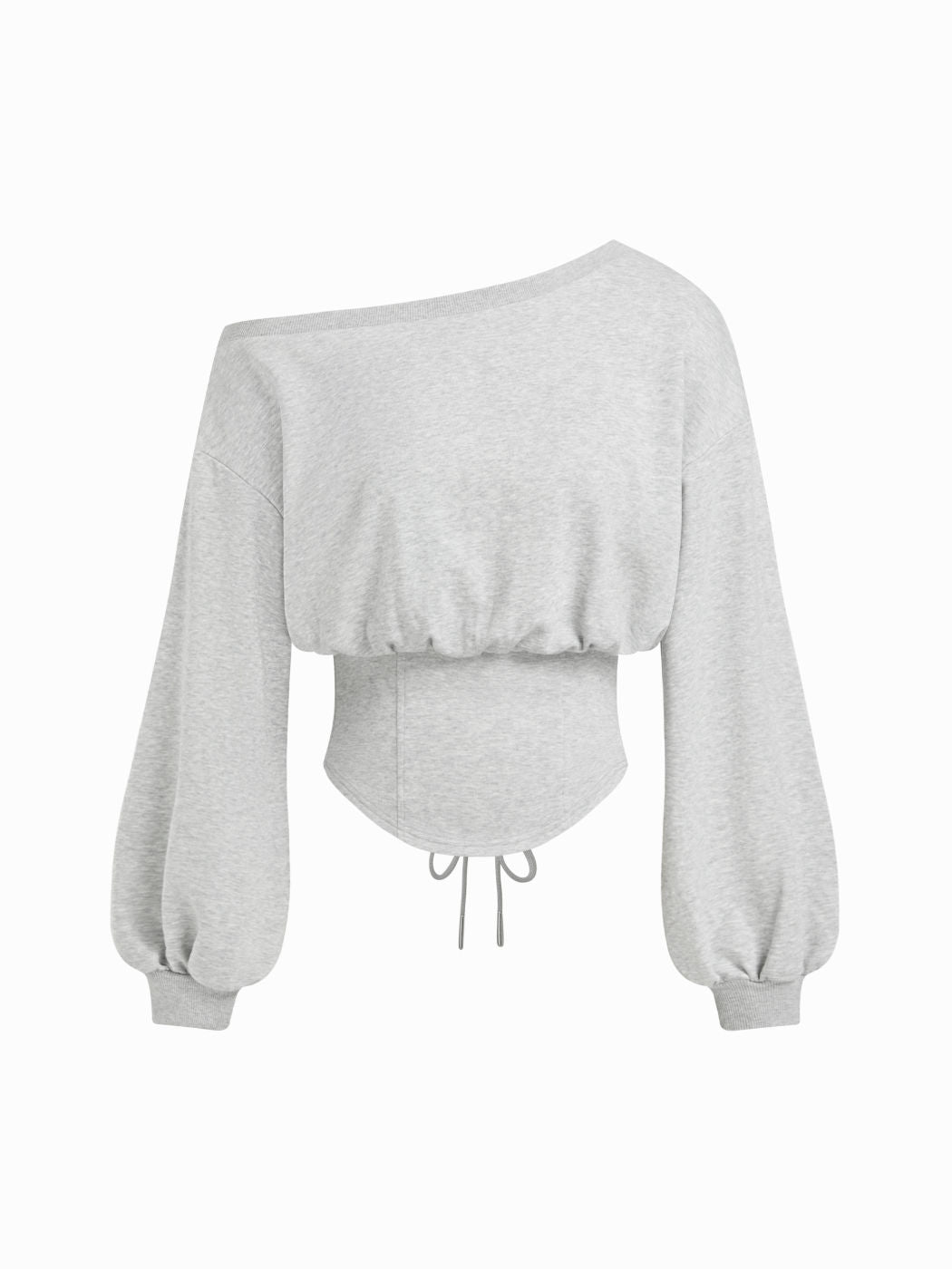 Cotton-blend Asymmetrical Neck Lace Up Lantern Sleeve Sweatshirt