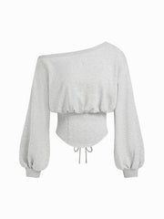 Cotton-blend Asymmetrical Neck Lace Up Lantern Sleeve Sweatshirt