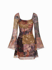 Mesh Bell Sleeve Patchwork Ruched Flared Mini Dress