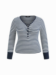 Cotton-blend V-Neck Striped Ruched Tee Curve & Plus