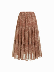Chiffon Mid Rise Paisley Elastic Waist Layered Midi Skirt