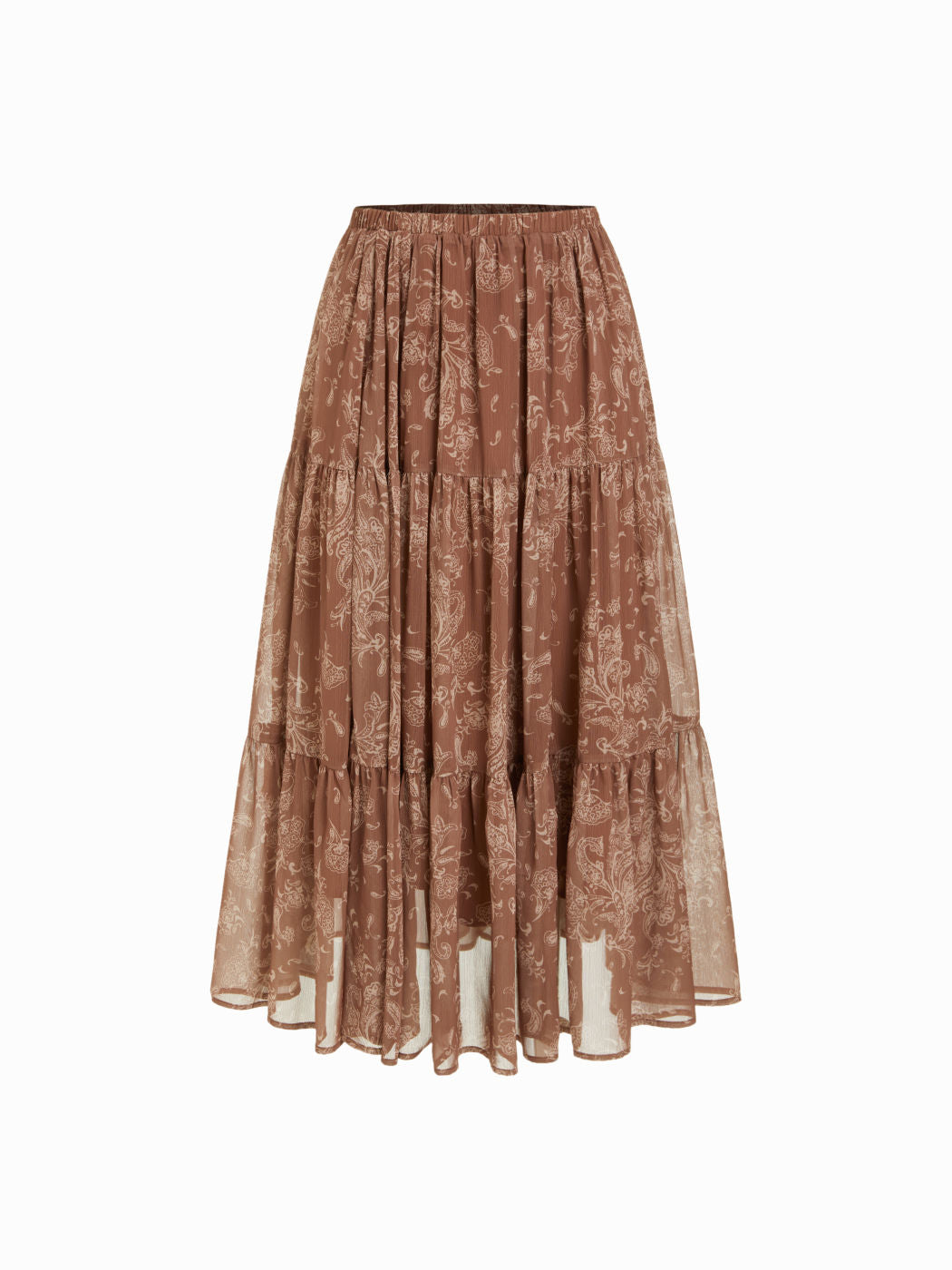 Chiffon Mid Rise Paisley Elastic Waist Layered Midi Skirt