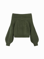 Cable Knit Off-shoulder Lantern Sleeve Oversized Top
