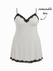 V-neck Polka Dot Lace Trim Mini Nightdress With Removable Bra Curve & Plus
