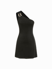 Asymmetrical Neck Metal Detail Backless Tie Back Mini Dress
