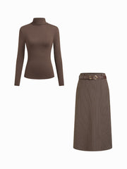 High Neck Top & Striped Pencil Skirt With Belt Set