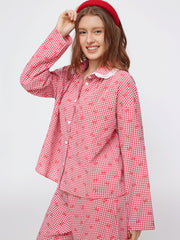 Cotton-blend Gingham Broderie Anglaise Oversized Top & High Rise Lettuce Trim Wide Leg Trousers Loungewear Set