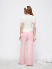 Round Neckline Lettuce Trim Bowknot Top & High Rise Straight Leg Trousers Loungewear Set