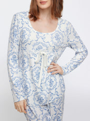 U-neckline Floral Lace Bowknot Top & Mid Rise Elastic Waist Wide Leg Trousers Loungewear Set