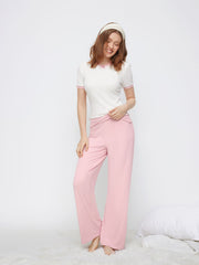 Round Neckline Lettuce Trim Bowknot Top & High Rise Straight Leg Trousers Loungewear Set