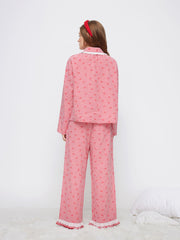 Cotton-blend Gingham Broderie Anglaise Oversized Top & High Rise Lettuce Trim Wide Leg Trousers Loungewear Set