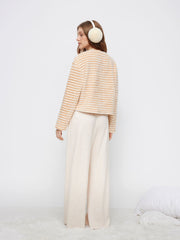 Fleece Striped Top & High Rise Drawstring Wide Leg Trousers Loungewear Set
