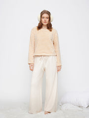 Fleece Striped Top & High Rise Drawstring Wide Leg Trousers Loungewear Set