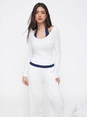 Cotton-blend Halter Neckline Two Tone Top & High Rise Straight Leg Trousers Loungewear Set