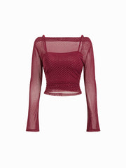 Two-Piece Sheer Rhinestone Long Sleeve Top & Cami Top