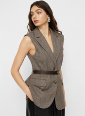 Collar Button Blazer Vest With Belt