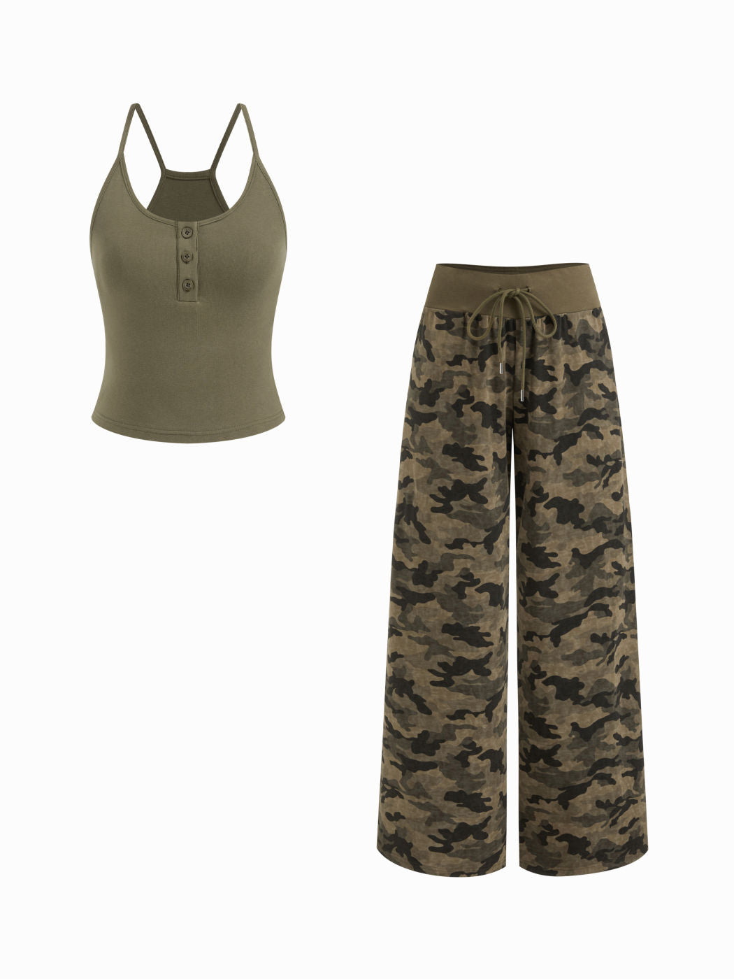 Cotton-blend U-neckline Cami Top & Mid Rise Camo Drawstring Straight Leg Trousers Set