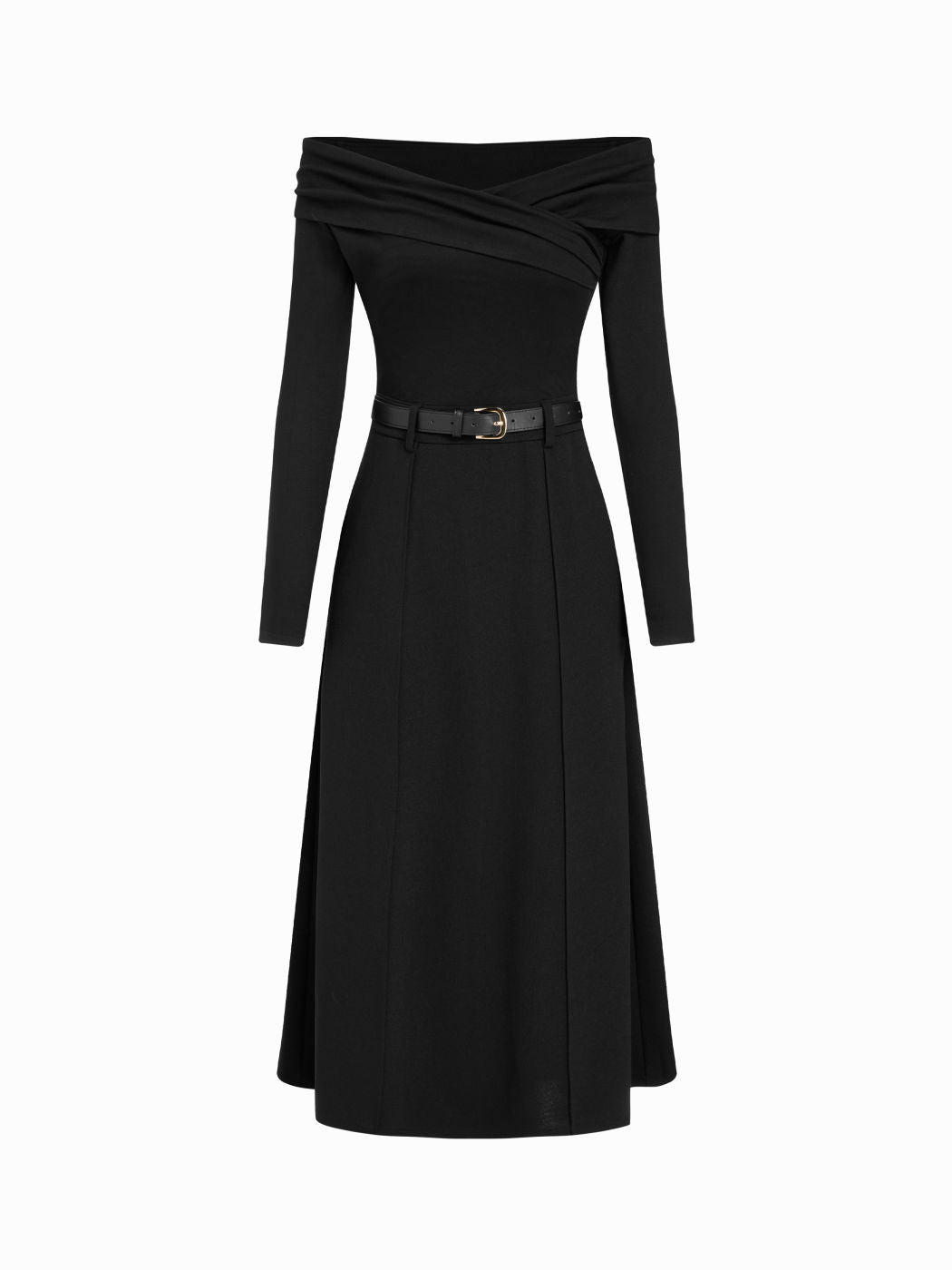 Off-Shoulder Long Sleeve Solid A-line Maxi Dress With Belt