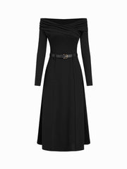 Off-Shoulder Long Sleeve Solid A-line Maxi Dress With Belt