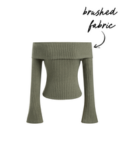 Brushed Fabric Off-shoulder Solid Long Sleeve Top