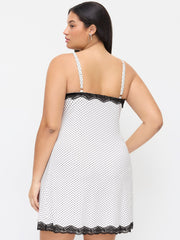 V-neck Polka Dot Lace Trim Mini Nightdress With Removable Bra Curve & Plus