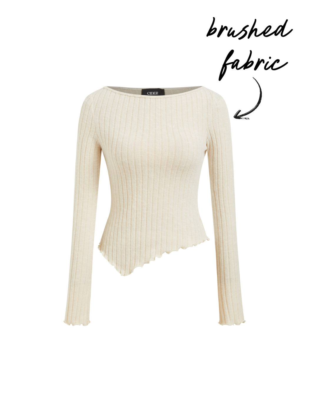 Brushed Fabric Boat Neck Long Sleeve Asymmetrical Hem Lettuce Trim Top