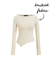 Brushed Fabric Boat Neck Long Sleeve Asymmetrical Hem Lettuce Trim Top