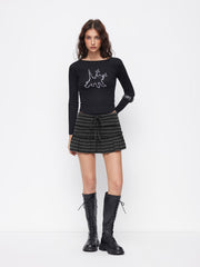 Mid Rise Striped Drawstring Lettuce Trim Peplum Mini Skort