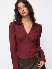 Striped Collar V-neck Long Sleeve Lace Trim Tie Back Blouse