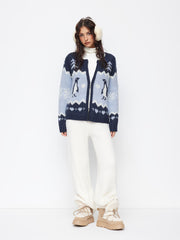 Knit Penguin & Heart Pattern Zip Through Oversized Cardigan