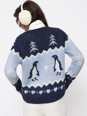 Knit Penguin & Heart Pattern Zip Through Oversized Cardigan