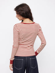 Cotton-blend Round Neckline Striped Contrasting Binding Long Sleeve Top