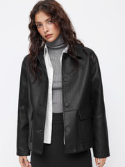 Faux Leather Collar Long Sleeve Button Oversized Shacket