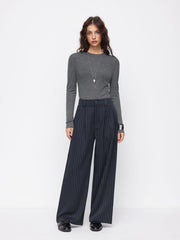 Mid Rise Striped Pleated Wide Leg Trousers
