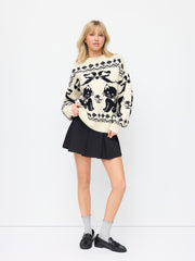 Knit Round Neck Cat & Bowknot Graphic Fair Isle Sweater
