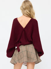 Knit V-neck Bowknot Puff Sleeve Wrap Sweater