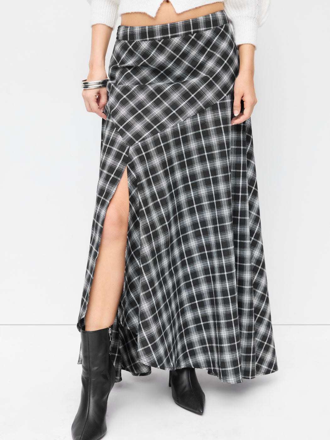 100% Cotton High Rise Asymmetrical Plaid A-Line Split Maxi Skirt