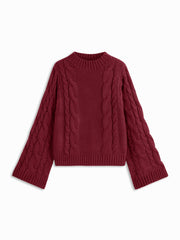 Cable Knit Round Neck Long Bell Sleeve Oversized Sweater