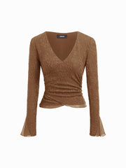 Jacquard Floral V-neck Bell Sleeve Wrap Ruched Top