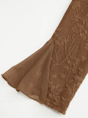 Jacquard Floral V-neck Bell Sleeve Wrap Ruched Top