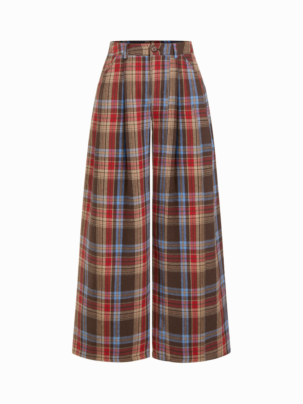 Cotton-blend Mid Rise Plaid Wide Leg Trousers